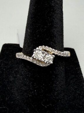 Natural Diamond 2 Stone Ring 0.25ctw Yellow Gold Over 925 Sterling Silver Size 7